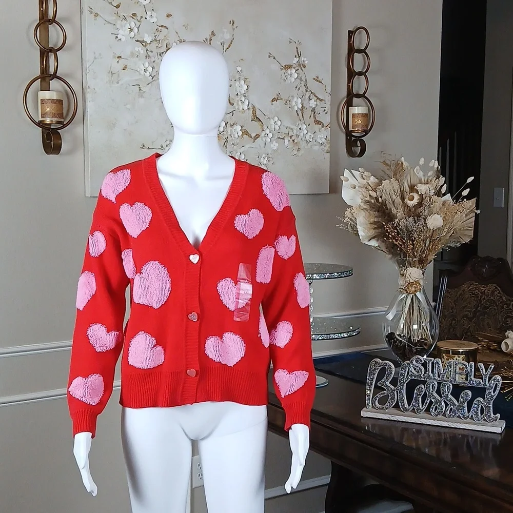New Red And Pink V-Neck Embellished Cardigan With Heart Shape Buttons. XXS - Picture 8 of 17